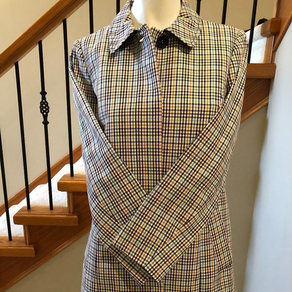 Talbots Plaid Button Down 100% Cotton Lined Car Coat Blue Tan Burgundy Sz 2 NWOT